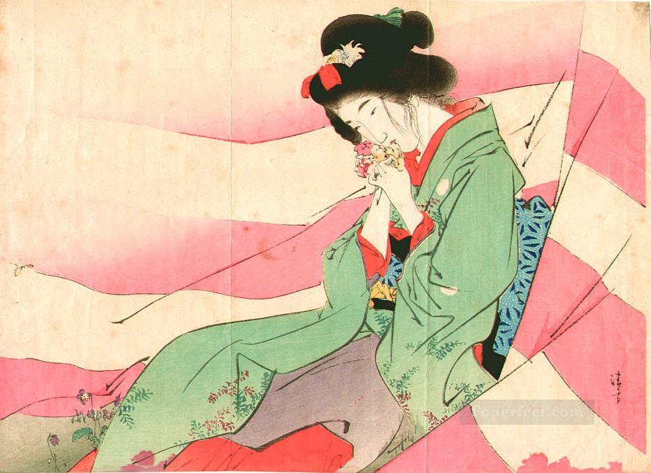 ピンクと白のカーテンの美人 1903年 鏑木清方 日本人油絵